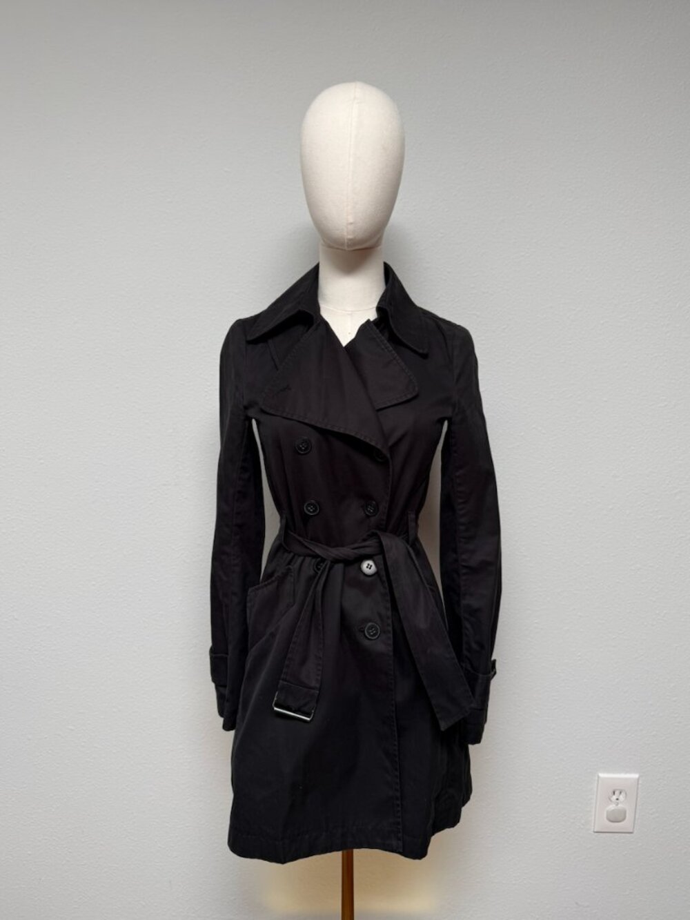 Theory Alexia Black Cotton Double Breasted Belted Trench Coat XS Petite